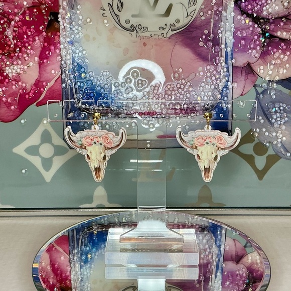 Pink and White Floral Bull Skull with Flowers Roses Resin Earrings - Picture 3 of 5